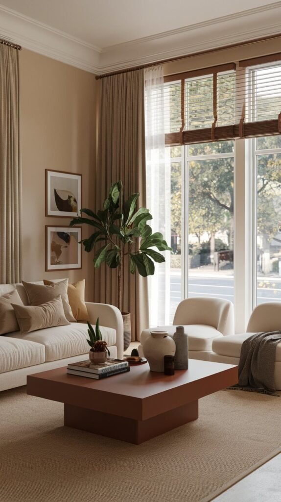 A living room with beige walls, a beige sofa, a brown coffee table, and a potted plant. There are also a few decorative items on the coffee table. The room has a large window with curtains and blinds. The window overlooks a street with trees. The floor is covered with a beige rug.