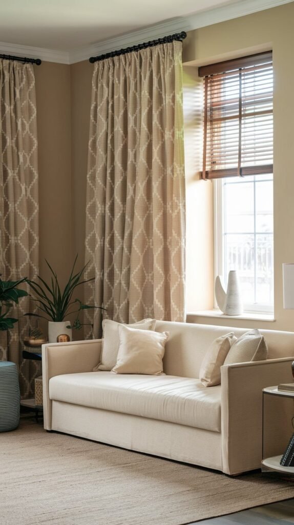 a living room with beige walls and a beige sofa. There is a beige curtain with a geometric pattern and a blind on a window. The window is partially open. The floor is covered with a beige rug. There are a few accessories, such as a plant, a lamp, and a side table.