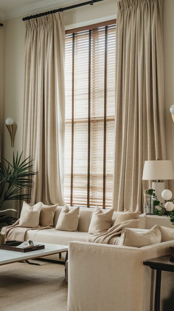 a living room with beige curtains and blinds. The curtains are long and cover a large window. The blinds are horizontal and are placed below the curtains. The room has a beige sofa and a coffee table. There is a plant in the corner, and there are two lamps, one on the wall and one on the coffee table. The floor is covered with a beige rug.