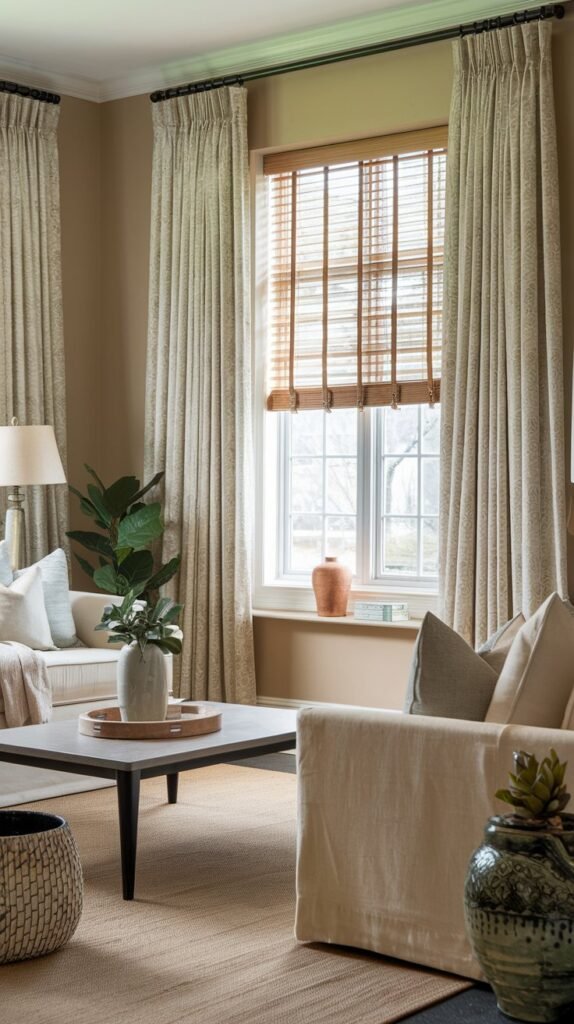 a living room with beige walls. There's a sofa, a coffee table, a lamp, and a plant. The focal point of the image is the window with curtains and blinds. The curtains are beige and have a subtle pattern. The blinds are wooden and have a natural hue. The window has a small ledge. The floor is covered with a beige rug. The room has a few decorative items, including a basket and a ceramic pot.