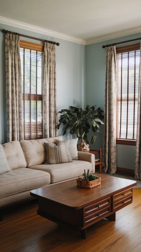 A living room with a beige sofa, a wooden coffee table, and a plant. The walls are painted a light blue. There are curtains with blinds on the windows. The floors are made of hardwood.