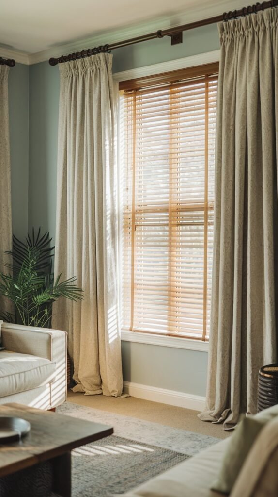 a living room with beige curtains and blinds. The curtains are pulled back, revealing a window with blinds. The blinds are partially open, allowing sunlight to stream in. The room has a beige sofa, a wooden coffee table, and a plant. The walls are painted a light blue colour. There is a rug on the floor.