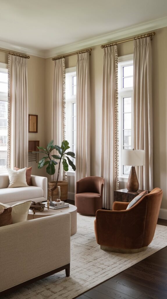 a living room with beige walls and a dark wood floor. There is a beige sofa, a brown chair, a coffee table, and a plant in the room. The room has two windows with beige curtains. The curtains are drawn back with gold hooks. There is a white lampshade on the brown chair. The room has a few decorative items, including a vase and a wooden box.