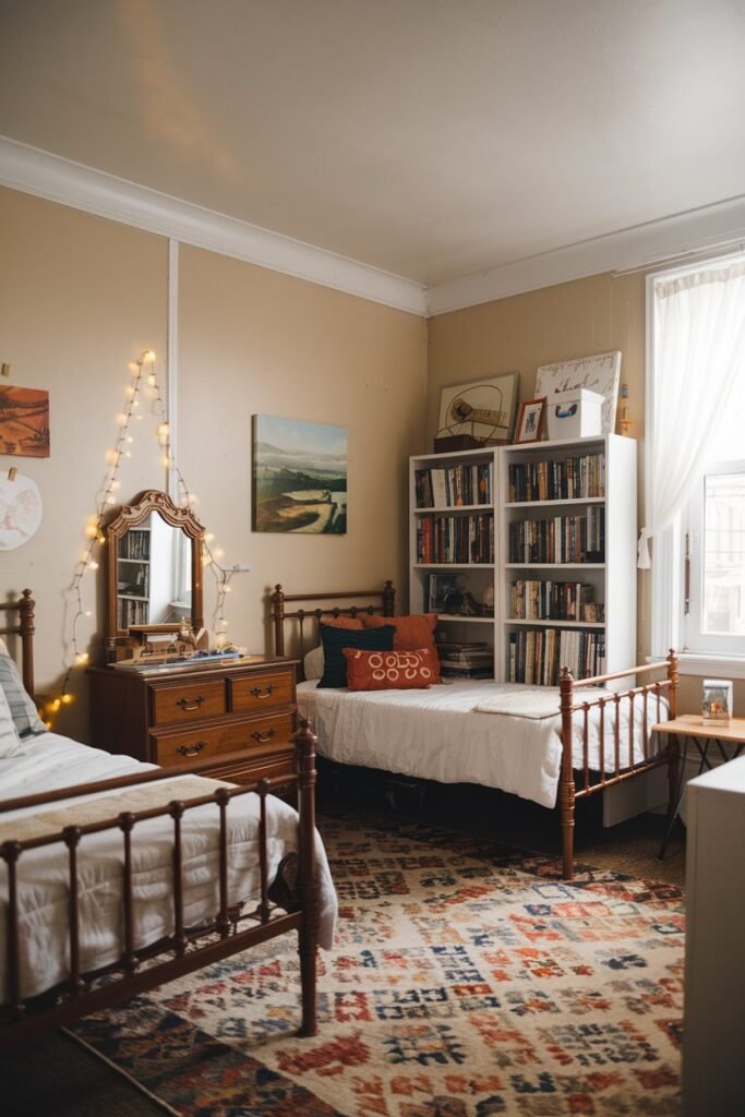 A co-ed dorm room with a vintage style. There are two beds, each with a wooden frame and a white mattress. The walls are painted beige and have a few decorations, including a painting of a landscape and a string of fairy lights. The floors are covered with a patterned rug. The room has a few pieces of furniture, including a wooden dresser with a mirror, a white bookshelf filled with books, and a small table near the window. The window has a simple white curtain.