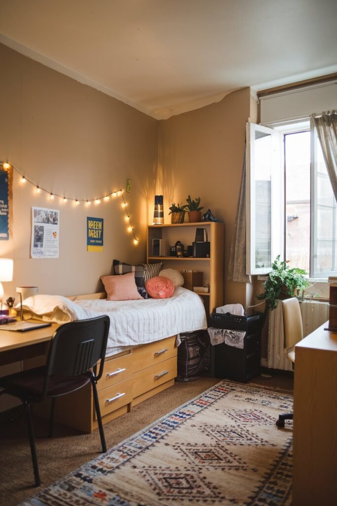 a dorm room with a bed, a desk, a chair, and a small wardrobe. The walls are painted beige and have a few decorations, including a poster and a string of lights. The floor is covered with a rug. There is a lamp on the desk and a plant near the window. The window has curtains and is open slightly.