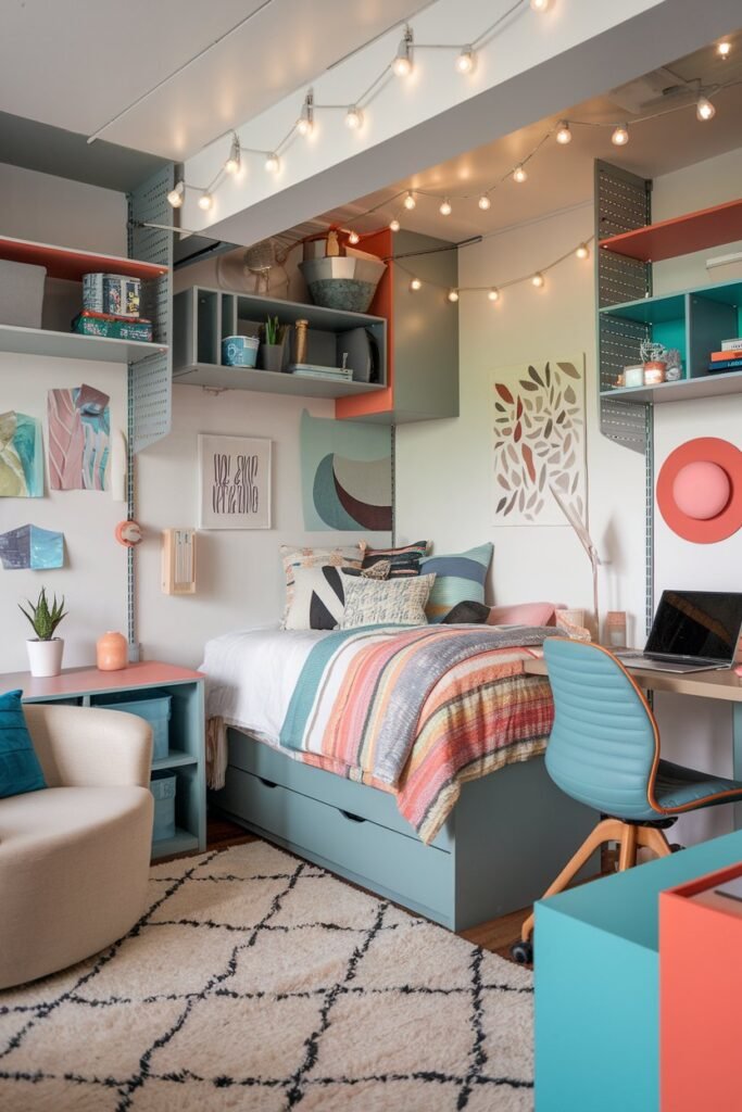 a cozy and functional dorm room with a modern aesthetic. There is a bed with colorful bedding and a comforter. Above the bed, there are string lights and a study desk with a laptop. The room has efficient storage solutions like open shelving and wall art. There is a comfortable chair, a soft rug, and a few bold color accents. The design is space-saving and trendy, ideal for a small living area.