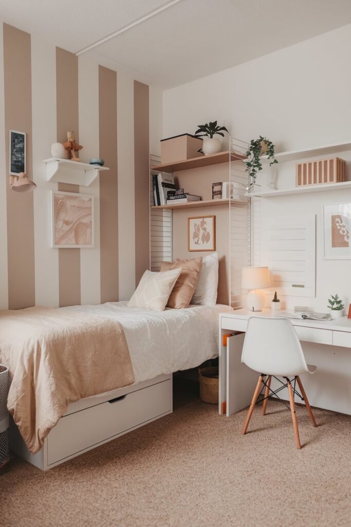 a dorm room with a beige and white color scheme. There is a bed with a beige comforter, a white desk, and a white chair. The walls have a beige and white striped pattern. There are also a white bookshelf, a beige lamp, and a white plant stand. The floor is covered with beige carpet.