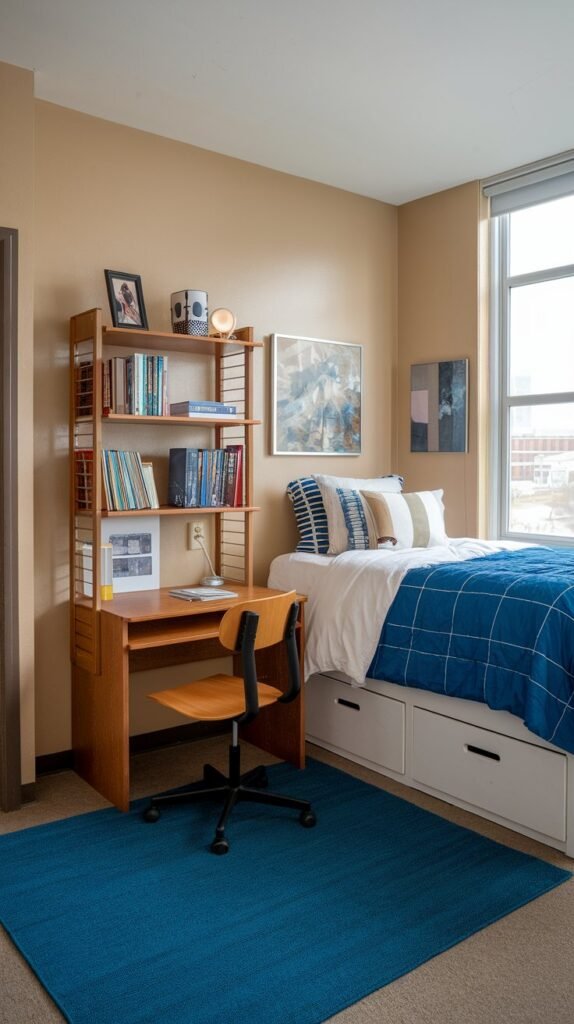 A dorm room with a white bed, a wooden desk with a chair, and a bookshelf. The bed has a blue comforter and white sheets. There's a blue rug near the bed. The wooden desk is placed near the window. The bookshelf is placed near the desk and has books, a lamp, and a photo frame. The walls have a beige paint. The room has a door and a window.