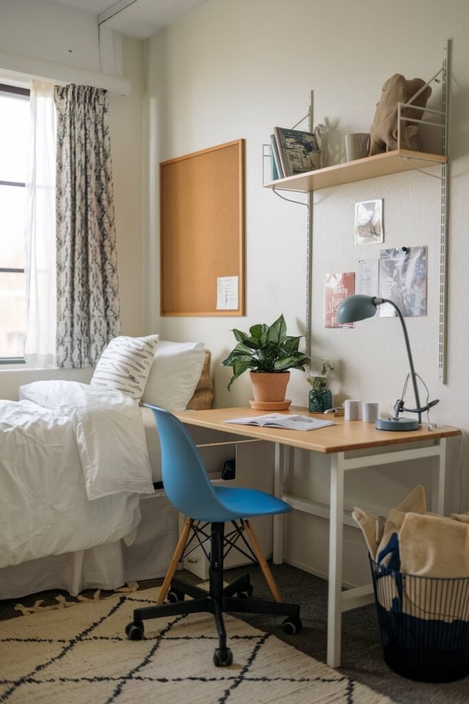 a dorm room with a white bed, a blue chair, and a wooden desk. The desk has a lamp, a plant, and a few items. The wall has a corkboard and a shelf. The floor has a rug. The room has a window with curtains.