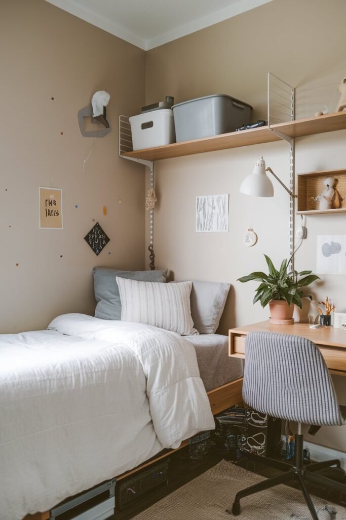 a dorm room. There's a bed with a white duvet and gray pillows. There's a small desk with a lamp and a potted plant next to the bed. A wooden shelf above the bed holds a white lamp, a gray storage bin, and a few personal items. The walls are painted beige and have a few small decorations. The floor is covered with a beige rug.