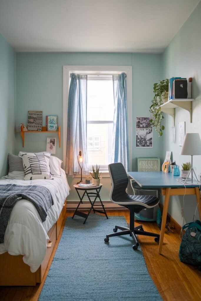 a dorm room with a bed, a desk, a chair, and a few personal items. The walls are painted a light blue color. There is a window with curtains near the desk. The floor is covered with a blue rug. A lamp sits on the desk. A bookshelf near the wall holds a few books and a plant. A small table near the window holds a lamp and a succulent plant. The room has wooden floors.