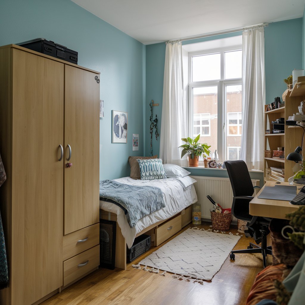 A dorm room with a bed, desk, and wardrobe. The walls are painted a light blue colour. There's a small rug near the bed, and a lamp on the desk. A plant is placed on the window ledge. The window curtains are white. The floor is made of wood.