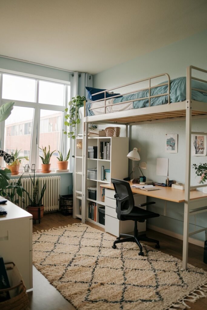 A dorm room with a lofted bed, a desk, and a chair. The room has a beige rug and a white bookshelf. There are plants near the window and a lamp on the desk. The walls are painted a light blue color.