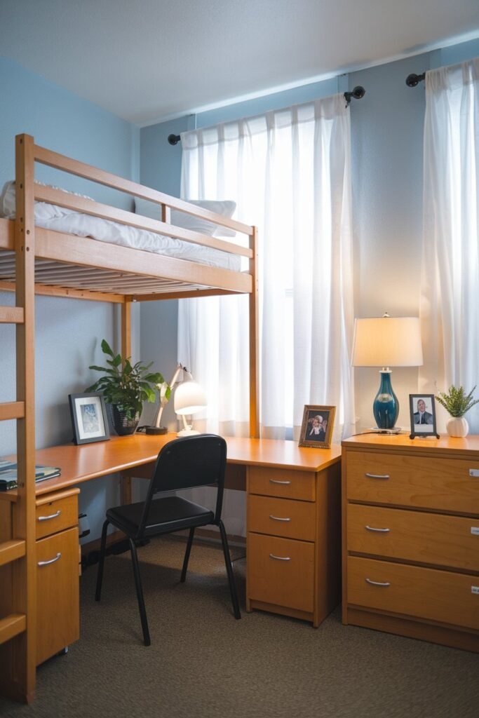 A dorm room with a lofted bed, a desk, a chair, and a dresser. The bed has a wooden frame and a mattress. The desk is placed underneath the bed and has a lamp, a potted plant, and a framed picture on it. The chair is placed near the desk. The dresser is placed opposite the bed and has a lamp, a photo frame, and a small plant on it. The walls are painted light blue, and there are white curtains on the window. The floor is carpeted.