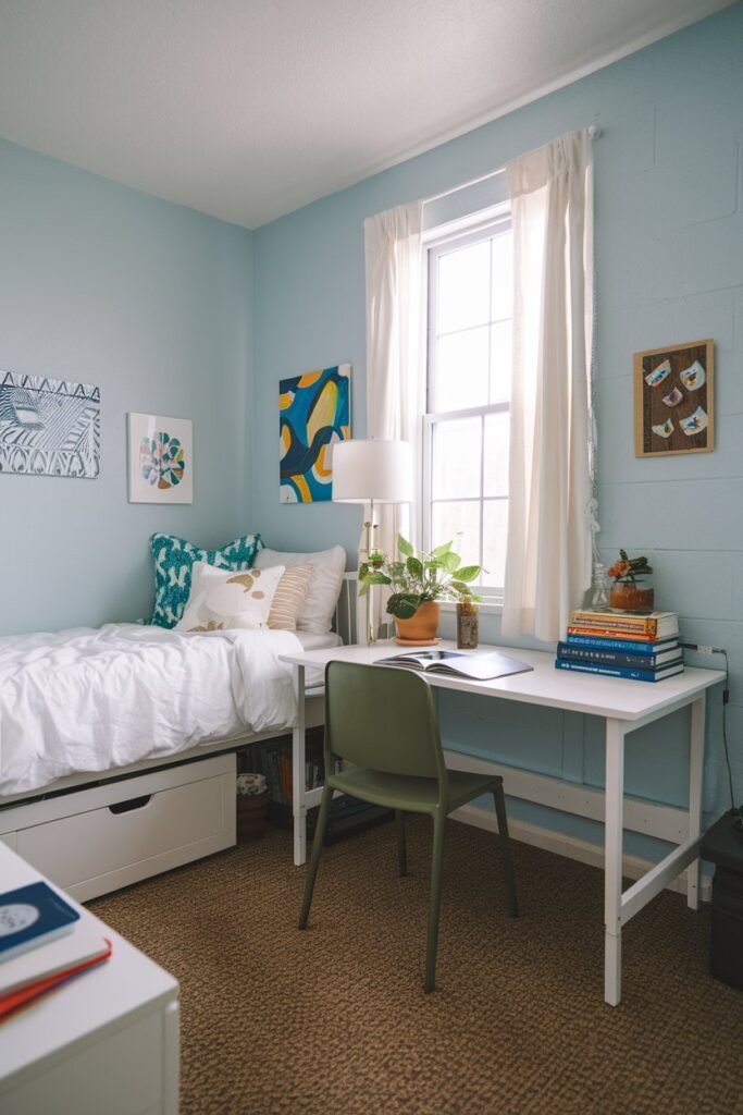 a dorm room with a white bed frame and a beige carpet. There's a white desk with a green chair next to the bed. On the desk, there's a lamp, a stack of books, and a potted plant. The walls are painted light blue and have a few pieces of artwork. There's a window with white curtains next to the desk. The room has a door with a window.