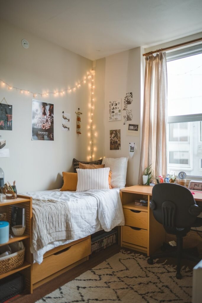 a dorm room with a bed, desk, chair, and a few other items. The walls have a few decorations, including a poster and a string of lights. There is a window with curtains in the room. The floor is covered with a rug.