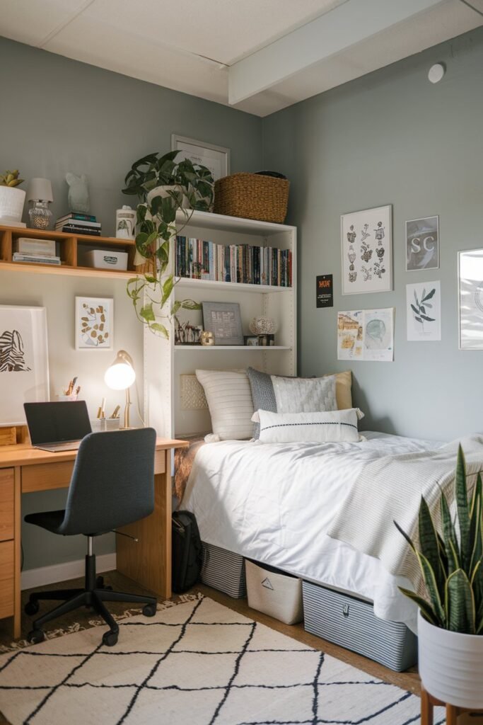 a dorm room with a cozy atmosphere. There's a desk with a laptop, a chair, and a potted plant. The bed has a white duvet and is adorned with a few pillows. The walls are painted a soft gray. There's a bookshelf filled with books and decorative items. The floor is covered with a rug. There's a lamp on the desk.