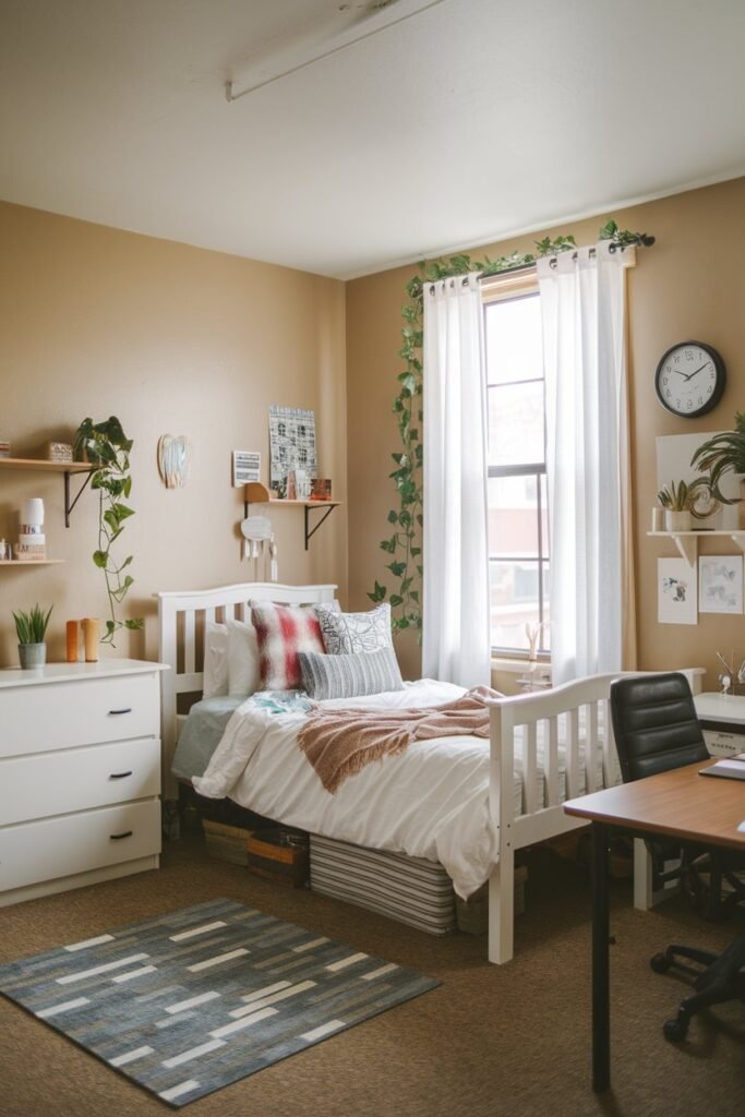 a dorm room with a white wooden bed, a dresser, and a desk. The room has beige walls and a carpeted floor. There is a green plant near the window. The window has white curtains. The room has a few decorative items, such as a wall clock, a lamp, and a small shelf.