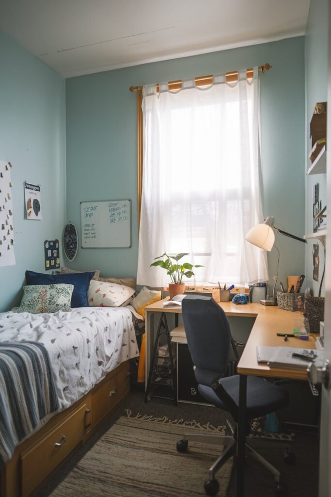 A cozy dorm room with a bed, a desk, a chair, and a few personal items. The walls are painted a light blue color. There's a white curtain near the window. A small plant sits on the desk. A lamp with a shade sits on the desk. A whiteboard is attached to the wall near the desk. A rug is placed on the floor.