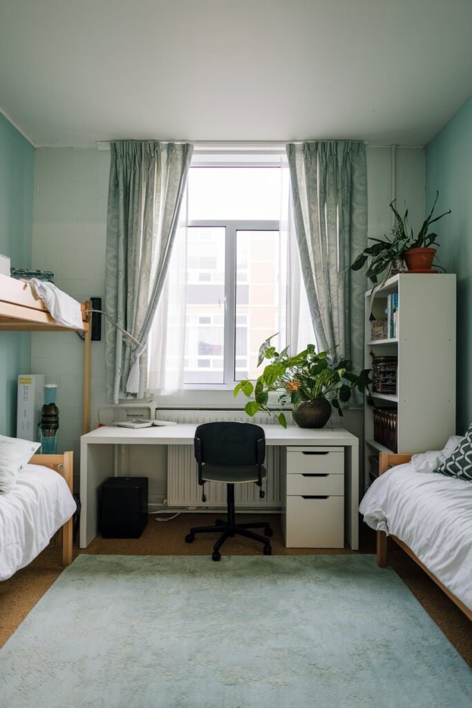 A dorm room with a white desk and a chair. The room has a large window with curtains. There is a green plant on the desk. The walls are painted in a light blue shade. There is a white bookshelf near the window. The floor is covered with a light blue rug.