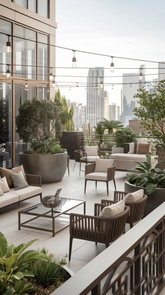 A luxury terrace design with a modern aesthetic, featuring a variety of furniture pieces. There is a couch with a glass coffee table, a few chairs, and a plant stand. The terrace is equipped with lighting fixtures hanging overhead. There are large planters and pots with lush green plants scattered around the space. The terrace is surrounded by a railing with decorative elements. The background reveals a city skyline with tall buildings.