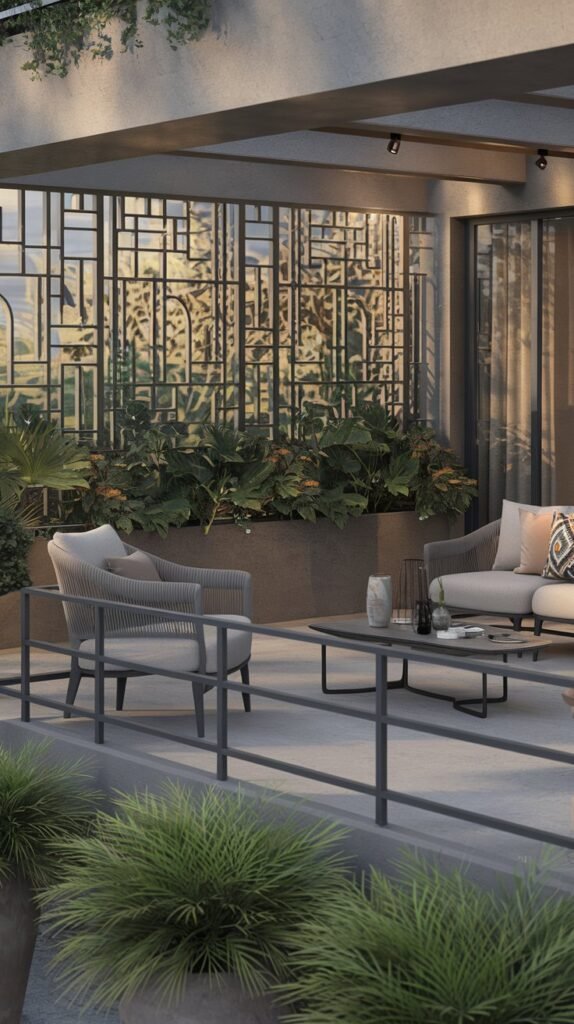 a terrace design with a privacy solution. There are beautiful planters and pots with lush green plants. The terrace has comfortable furniture, including a sofa and a chair. There is a coffee table in the middle. The terrace has a modern design with a concrete floor and a metal railing. The lighting is soft and warm.