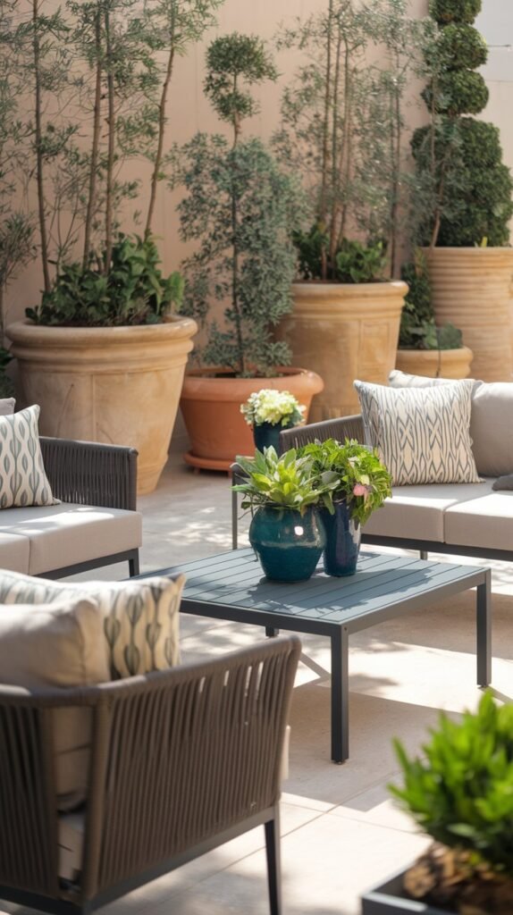 a terrace with privacy solution. There are comfortable furniture pieces like a sofa, a chair, and a coffee table. The terrace is adorned with beautiful planters and pots containing greenery. The lighting is soft and warm. The background contains tall potted plants.