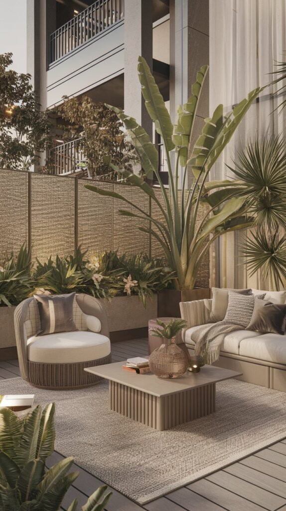 A luxurious terrace design with a privacy solution. The terrace is furnished with a sofa, a coffee table, and a potted plant. There is a tall plant in a planter near the privacy wall. The privacy wall is made of woven material. The terrace has a rug and decorative items. The lighting is soft. The background contains a building with a balcony.