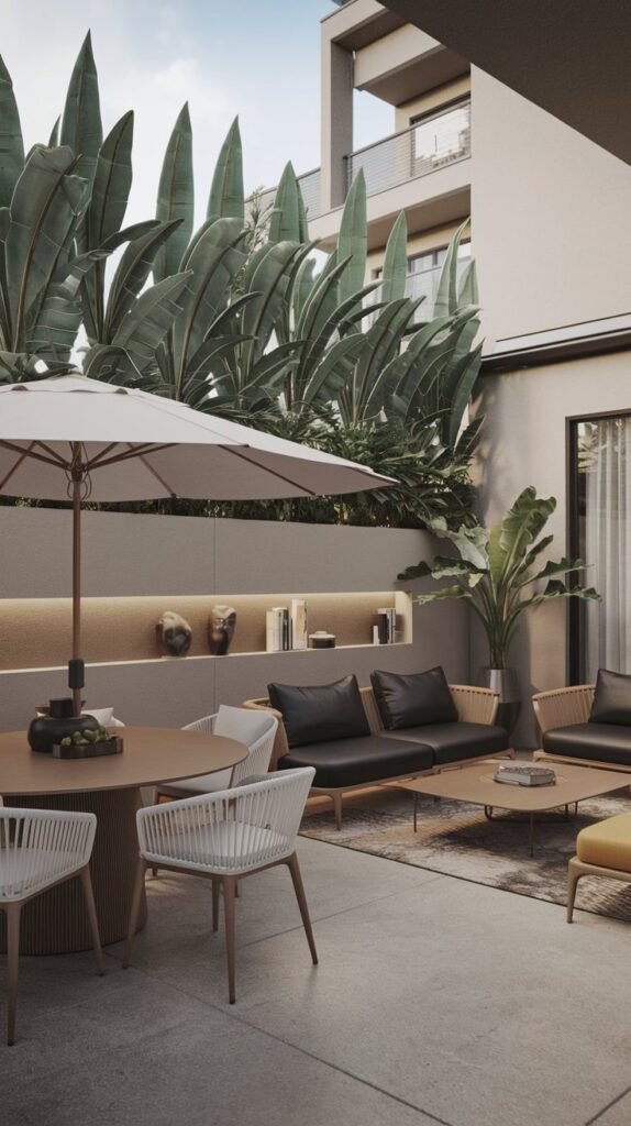 A luxury terrace design with a privacy solution of tall plants. There's a round table with a white umbrella, surrounded by white chairs. A black sofa sits against the wall, with a matching coffee table. A potted plant stands on the coffee table. The wall has a built-in shelf with decorative items. The terrace has a concrete floor. The background reveals a modern building.