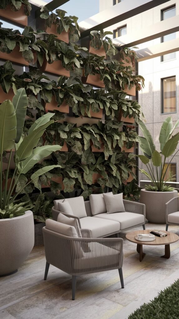 a terrace design with a privacy solution. There is a large plant wall with various plants in pots. The terrace has a white sofa and a few chairs. There is a small coffee table made of wood. The floor is made of stone. There are two tall, round planters with large, leafy plants. The lighting is soft. The background reveals a building with a few windows.