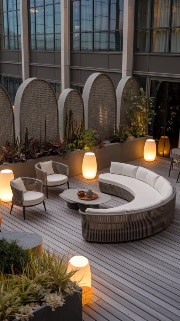 a terrace design with a modern aesthetic. The terrace has a wooden deck floor and is furnished with a white curved sofa, a coffee table, and a few chairs. There are also some potted plants placed near the furniture. The terrace has a privacy solution with tall, curved planters. The lighting is provided by a few floor lamps and some pendant lights. The background contains a building with large windows.