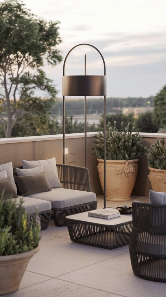 A luxurious terrace design with a privacy solution, featuring a modern sofa set and a coffee table. The sofa set is placed near the terrace wall, providing a seating area. A tall, modern lamp with a round base and a cylindrical shade stands near the sofa set, providing lighting. Beautiful planters and pots with greenery are placed on the terrace floor, adding a touch of nature. The background reveals a serene landscape with trees and buildings.