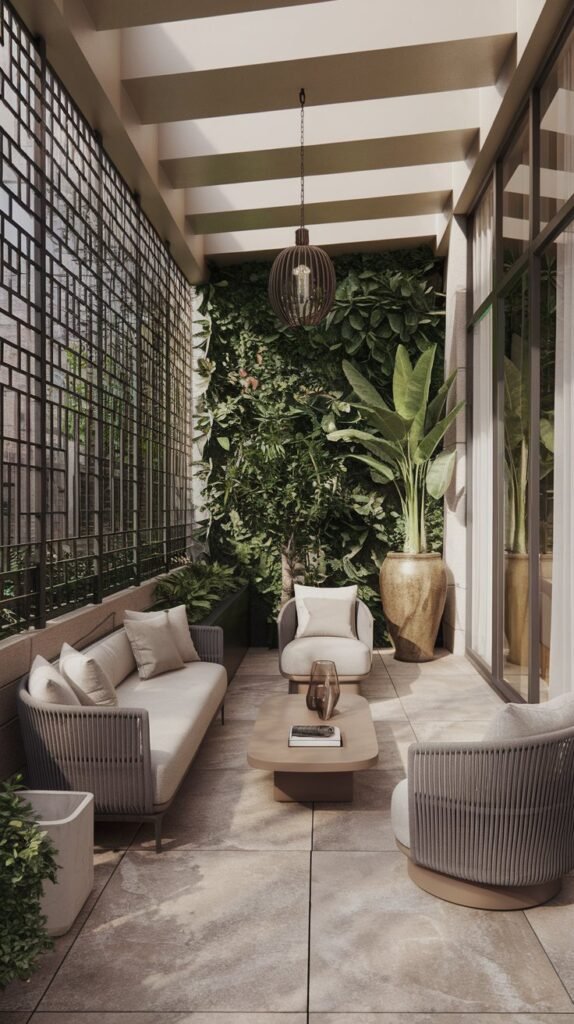 A luxury terrace design with a modern and elegant aesthetic. The terrace is furnished with a comfortable sofa, a coffee table, and two chairs. There is a tall plant in a beautiful planter pot near the sofa. The wall of the terrace has a tall, decorative screen made of metal bars, providing privacy. The terrace is illuminated by a hanging pendant light fixture. The floor is made of large, natural stone tiles. The background contains a lush green wall of plants.