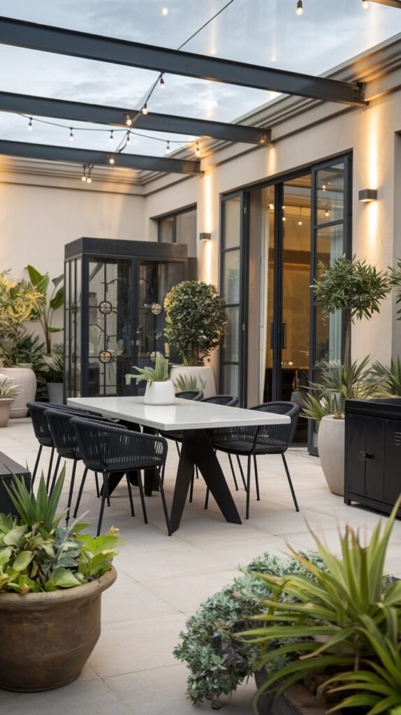 a luxury terrace with a modern design. There is a table with a white top and black legs, surrounded by black chairs. There are potted plants in various sizes placed around the terrace. On one side, there is a black cabinet with a glass door. The terrace is illuminated by overhead lights.