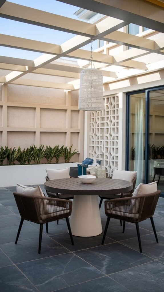 a terrace with a modern design. There's a round table with a dark wooden top and a white base. Four chairs with beige cushions are placed around the table. A white lantern hangs above the table. The terrace is paved with dark grey tiles. There's a white planter with green plants near the wall. The wall has a beige structure and a white pattern. The area is well lit.