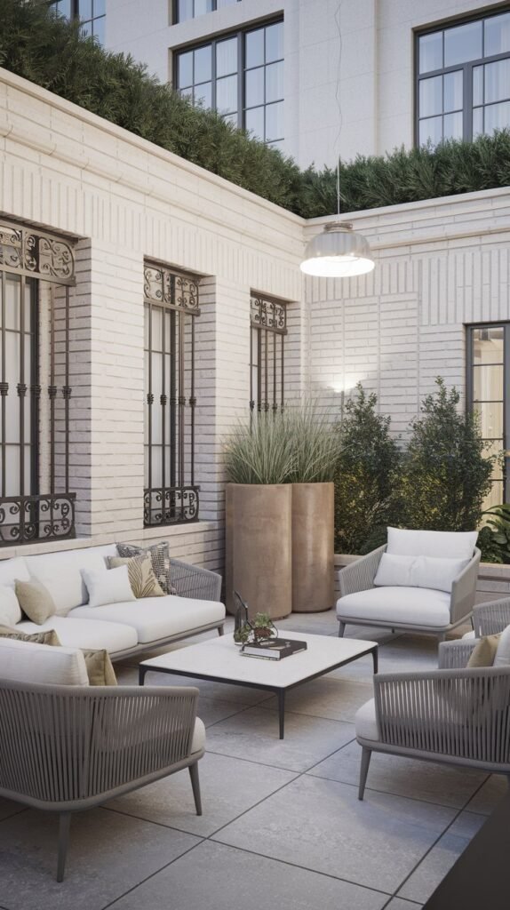 A luxury terrace design with a modern, minimalist aesthetic. The terrace is furnished with a white sofa, a coffee table, and a few chairs. There is a tall, cylindrical planter with greenery near the sofa. The terrace has a privacy wall made of white bricks. The wall has a few openings with iron grates. There is a pendant light hanging over the sofa. The floor is made of grey tiles. The background contains a building with windows.