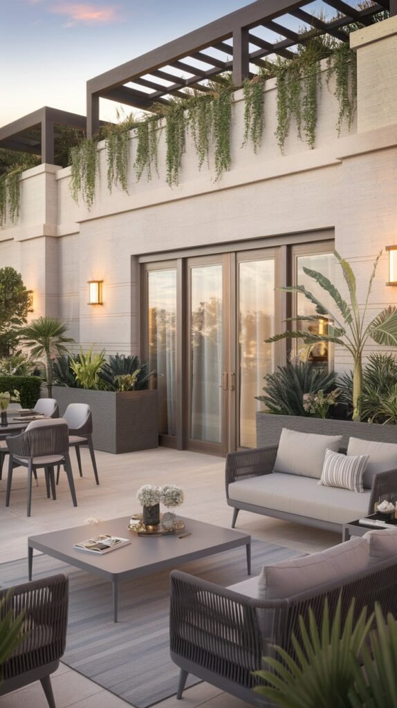 a luxury terrace with privacy walls. There are modern furniture pieces, including a sofa, a coffee table, and a dining set. There are beautiful planters and pots with greenery. The terrace has a privacy wall with a wooden door. The lighting is warm and inviting.