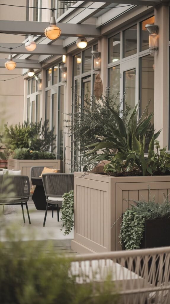 a terrace design with a privacy solution. There are beautiful planters and pots with greenery. The terrace has furniture, including chairs and a table. There is lightning on the terrace, with lamps hanging from the ceiling. The background reveals a building with windows.