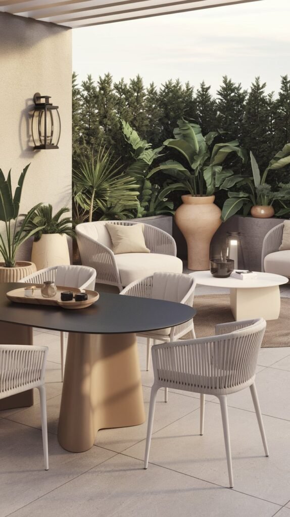 A luxury terrace design with a modern aesthetic. There's a table with a black top and beige legs, surrounded by white chairs. There's a beige sofa with white legs and a white coffee table in the background. There's a black lantern on the wall. There are beautiful planters and pots in various shapes and sizes. Some of the pots are placed on the floor, while others are hung on the wall. The terrace has a privacy screen made of greenery. The lighting is soft.