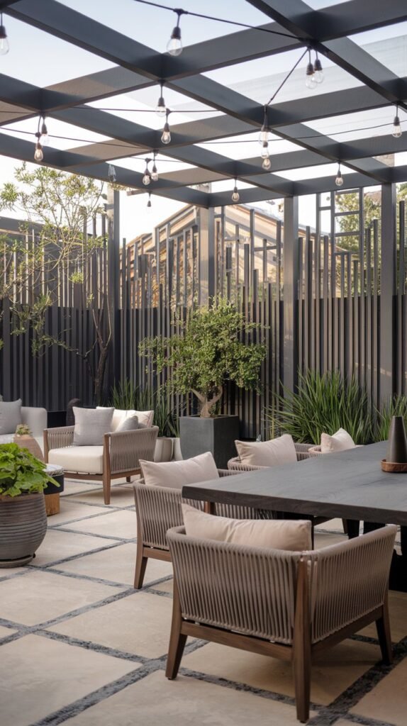 a terrace with a modern design. The terrace has a high fence for privacy. There is a large wooden table with comfortable chairs. There is a potted plant near the table. The terrace has a few potted plants scattered around. The space is illuminated by hanging lights.