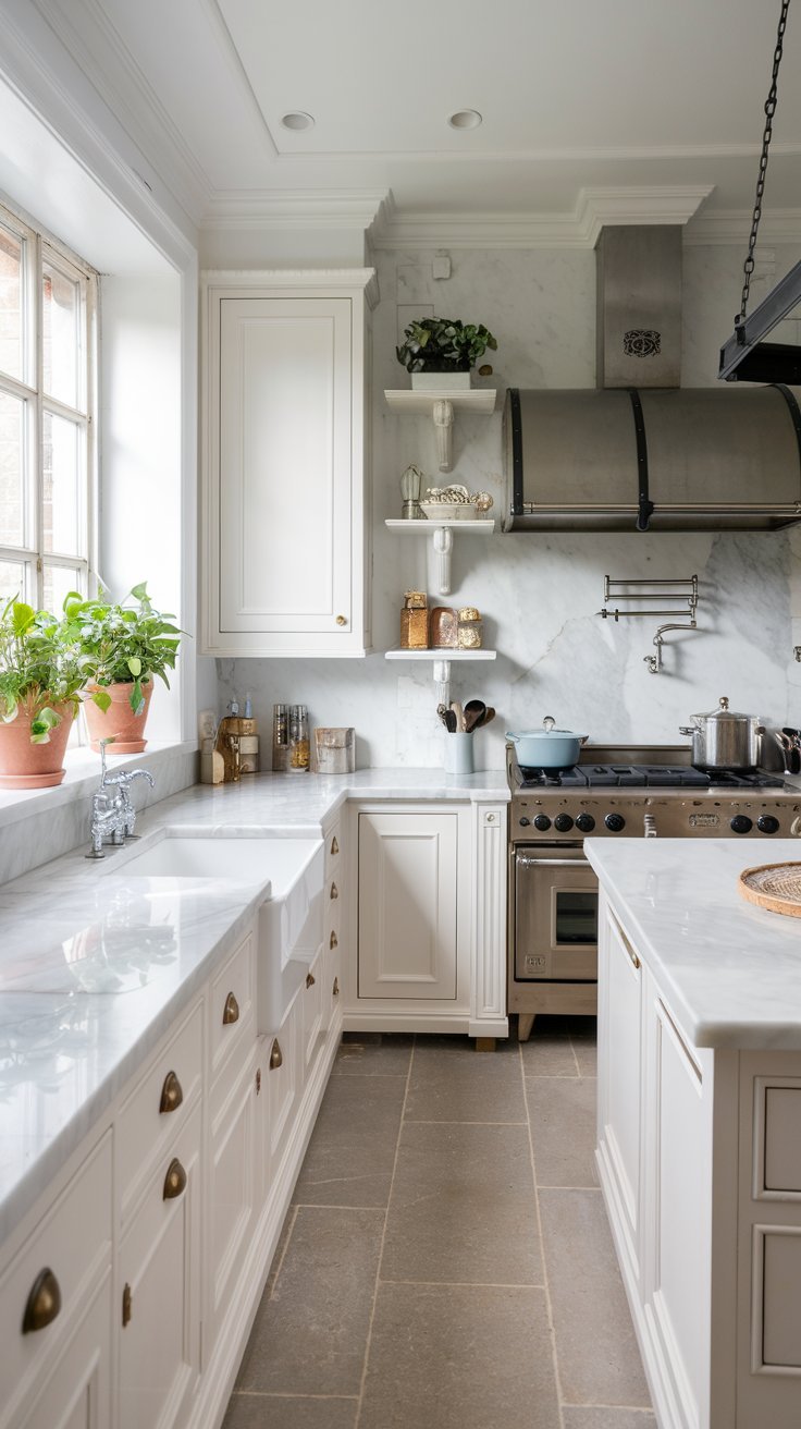 an elegant white kitchen with marble countertops, white cabinets, and a white island. The kitchen also has a stainless steel range hood, a farmhouse sink, and a pot rack. There are potted plants on the windowsill and the floor is tiled.