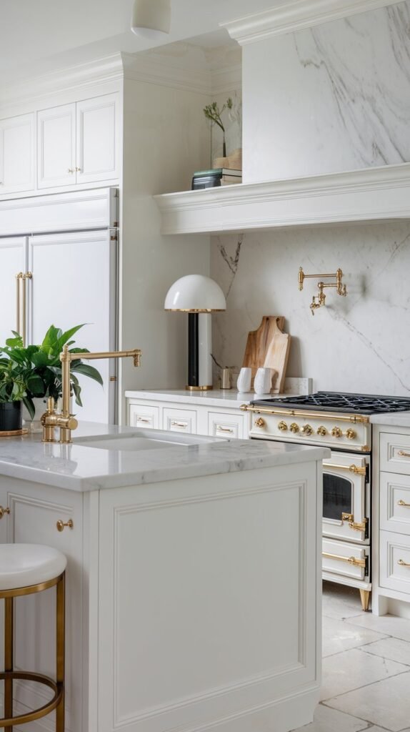 an elegant white kitchen with marble countertops and backsplash. There is a white island with a gold faucet and a few potted plants. There are white cabinets with gold handles. A gold lamp is placed on the counter. There is a black stove with gold knobs. A white refrigerator with a gold handle is against the wall. The floor is made of large white tiles.