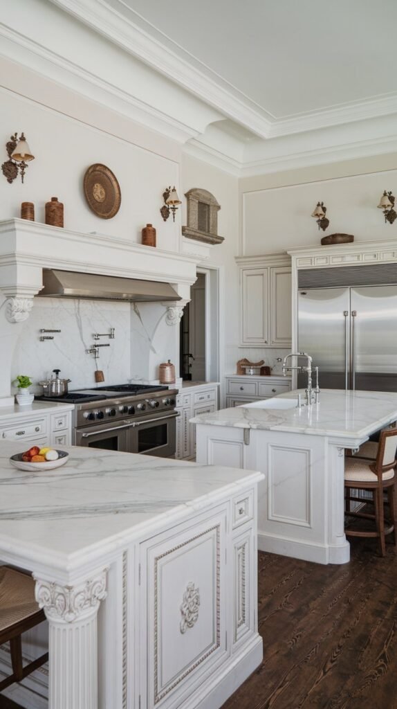 a white kitchen with marble countertops, stainless steel appliances, and wooden cabinets. There is a large island in the center with a sink and seating area. The walls are adorned with wall-mounted lights and decorative items. The floor is made of dark wood.