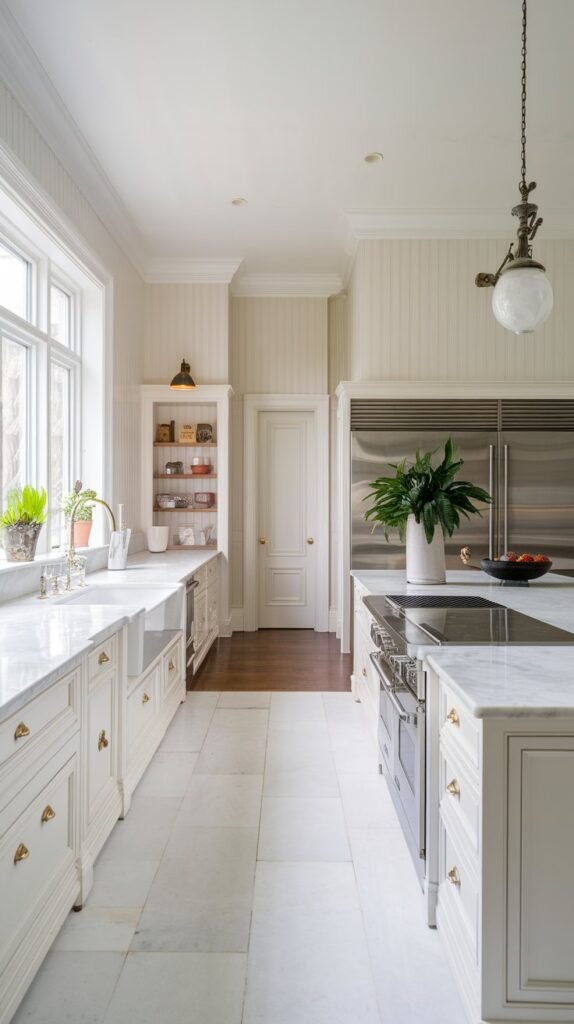 a white kitchen with marble countertops, stainless steel appliances, and a large island with a built-in cooktop. The walls have wooden panels and the floor is covered in white tiles. There are potted plants on the island and a pendant light hangs over it. The room has large windows and the wall opposite the kitchen has built-in shelves and a door.