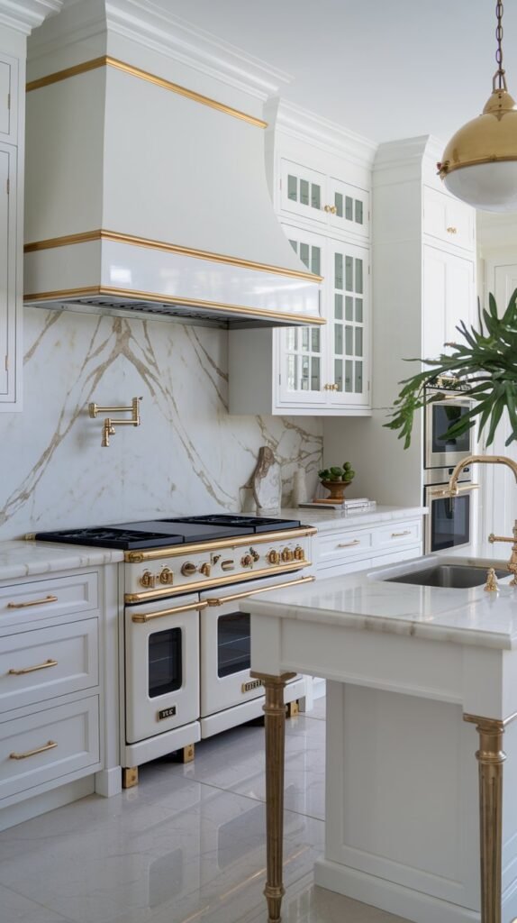 a white kitchen with marble countertops and backsplash. There is a double oven range with a gold handle. A stainless steel sink with a gold faucet is next to the range. There are white cabinets with gold handles above the sink and below the range. A white island with a marble countertop and gold legs is in the middle of the kitchen. A gold pendant light hangs above the island. A potted plant adds a touch of greenery.