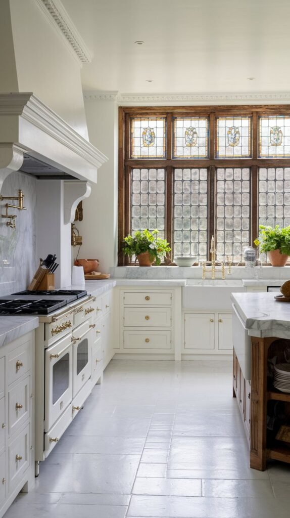 a white kitchen with marble countertops, a white double oven range, a white farmhouse sink, and a white island with a built-in seating area. The kitchen has a large window with a wooden frame and stained glass details. The floor is made of white tiles. There are potted plants near the window.