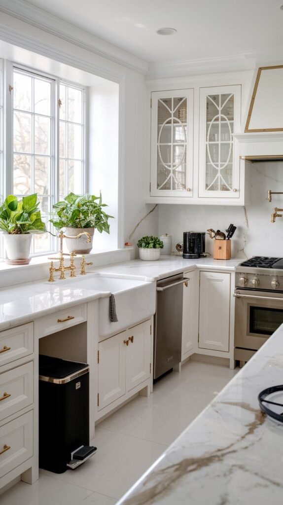 a white kitchen with a marble countertops, white cabinets, and stainless steel appliances. There is a golden faucet and a black kitchen garbage can near the sink. There are potted plants on the windowsill. The floor is covered with white tiles.