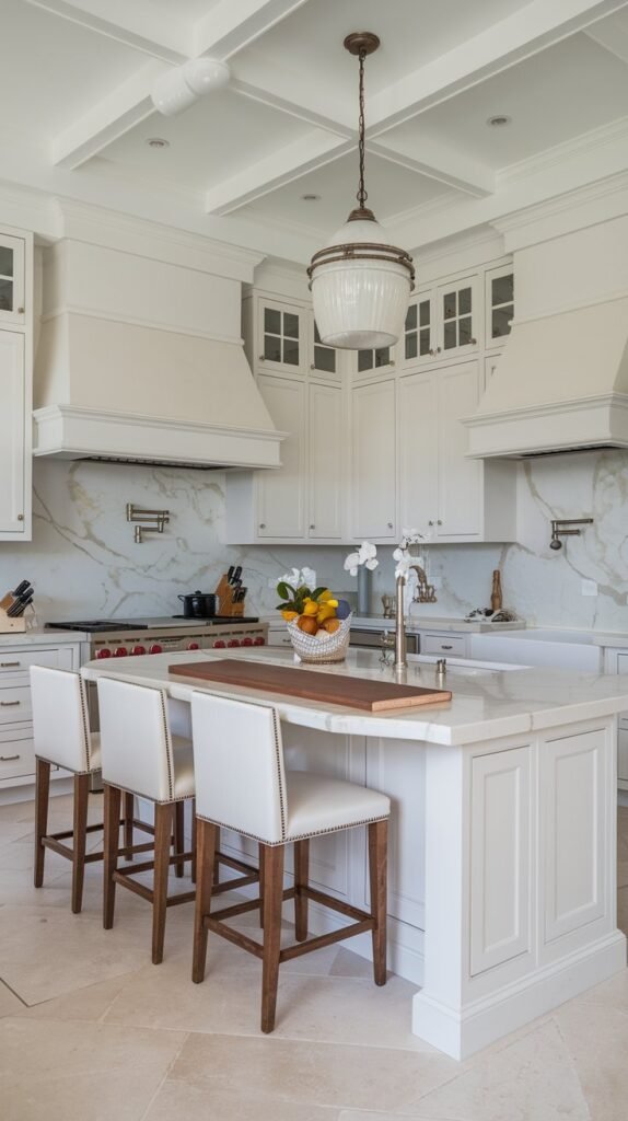 A white kitchen with marble countertops and backsplash, stainless steel appliances, and a large island with seating. The island has a butcher block top and a pendant light. There are cabinets along the walls and a range hood above the cooktop. The floor is tiled. Less