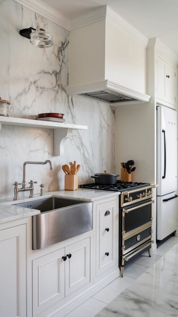 a white kitchen with marble countertops and backsplash. There is a stainless steel sink with a modern faucet and a few pots and pans. Above the sink, there is a floating shelf with a few items. There is a white cabinet to the left of the sink and a larger cabinet near the fridge. There is a black stove with four burners and an oven below. To the right of the stove, there is a white fridge with a black handle. The floor is covered with white tiles.