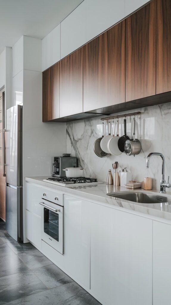 A modern white kitchen with a marble countertop and stainless steel appliances. There is a white refrigerator, oven, and sink. There is a wooden cabinet above the marble countertop. There are white pots and pans hanging above the stove. The floor is made of grey tiles.